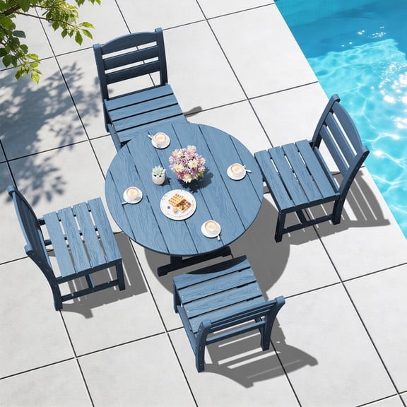 Serwall Outdoor 5-Piece Round Dining Set, HDPE All Weather Patio Dining Set for 4, 45" Round Dining Table and 4 Armless Dining Chairs, Navy