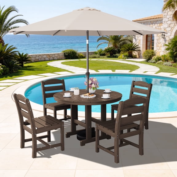 Serwall Outdoor 6-Piece Round Dining Set with Umbrella, HDPE All Weather Patio Dining Set for 4, 45" Round Dining Table & 4 Armless Dining Chairs & 9FT Umbrella, Brown(Not Include Umbrella Base)