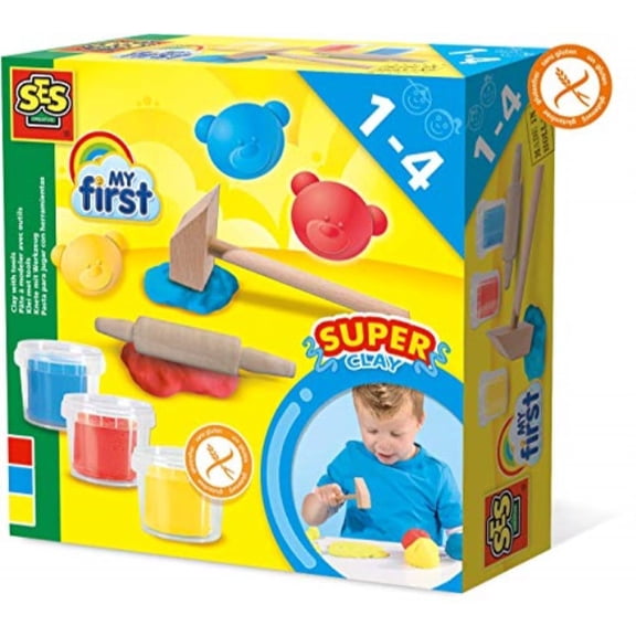 SES Creative: My First Dough With Tools - 3 Color 3oz Tubs, Red-Blue-Yellow, 2 Wooden Tools, Gluten-Free Play Dough, Sensory Play, Baby-Toddler-Kid 1+