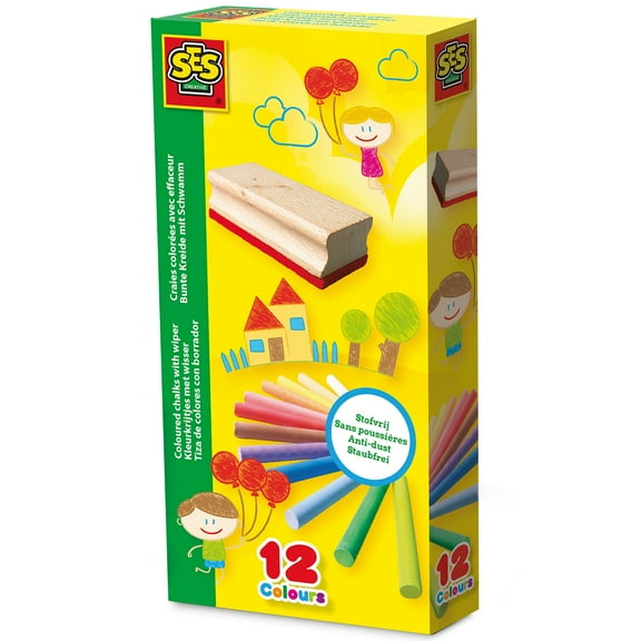 SES Creative: Colored Chalk Set & Eraser - 12 Colors, Dust-Free, Blackboards, Drawing & Doodling, School Arts & Crafts Supplies, Toddlers & Kids 2+