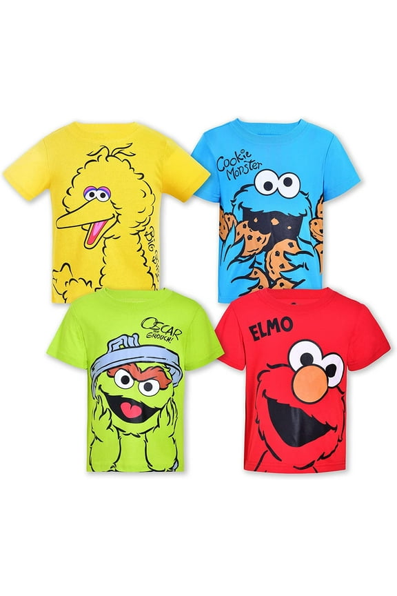 Sesame & Friends Big Bird, Cookie Monster and Elmo Boys 4 Pack Character Short Sleeve Tees, Toddler
