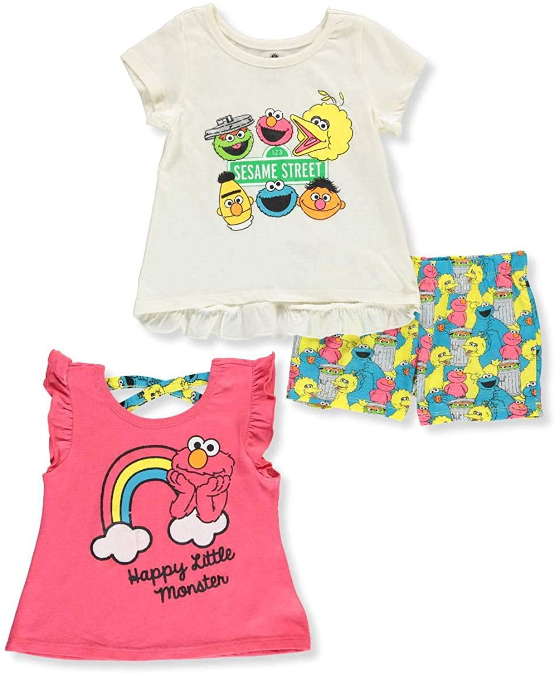 Sesame \u0026 Friends Elmo, Big Bird and Cookie Monster Girls 3 Piece 2 Short Sleeve Tee and Short Set, Infant