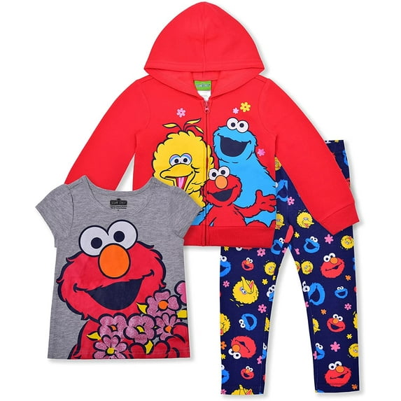 Sesame & Friends Elmo, Cookie Monster and Big Bird Boys 3 Piece Hoodie Short Sleeve and Legging Set, Infant
