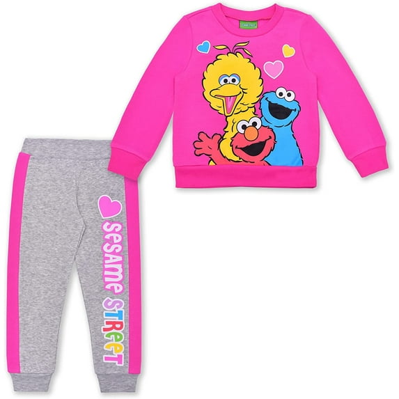 Sesame & Friends Elmo, Cookie Monster and Big Bird Girls 2 Piece Crewneck Character Long Sleeve and Jogger Set, Toddler