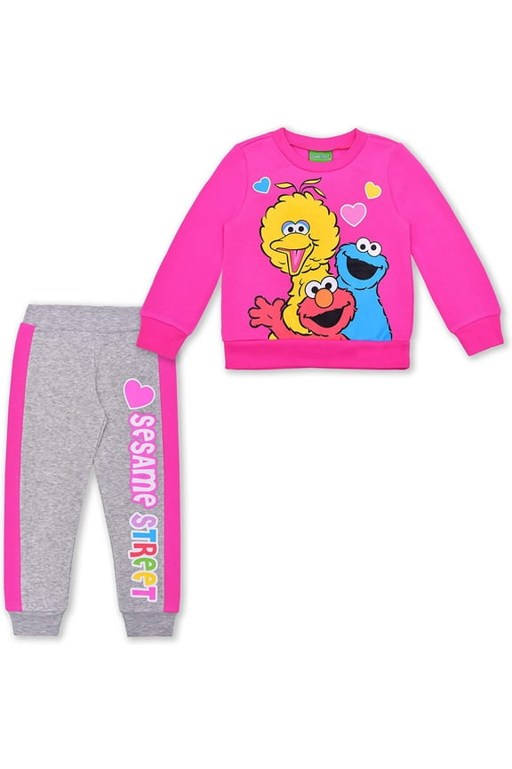 Sesame & Friends Elmo, Cookie Monster and Big Bird Girls 2 Piece Crewneck Character Long Sleeve and Jogger Set, Toddler