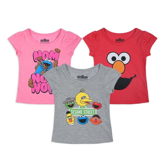 Sesame Street Baby Girls Elmo Big Bird Cookie Monster 3-Pack Short Sleeve T-Shirts for Infant and Toddlers