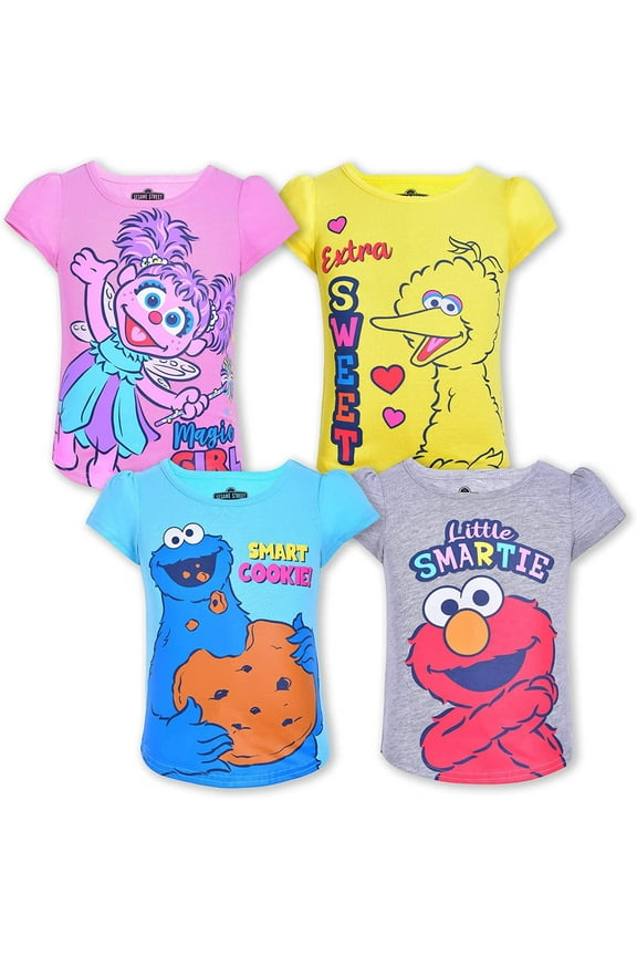 Sesame & Friends Elmo, Cookie Monster and Big Bird Girls 4 Pack Character Short Sleeve Tees, Toddler