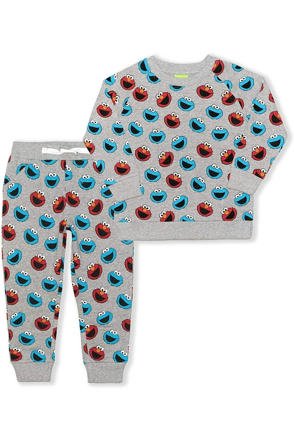 Sesame & Friends Elmo and Cookie Monster Boys 2 Piece All Over Print Crewneck and Jogger Set, Toddler