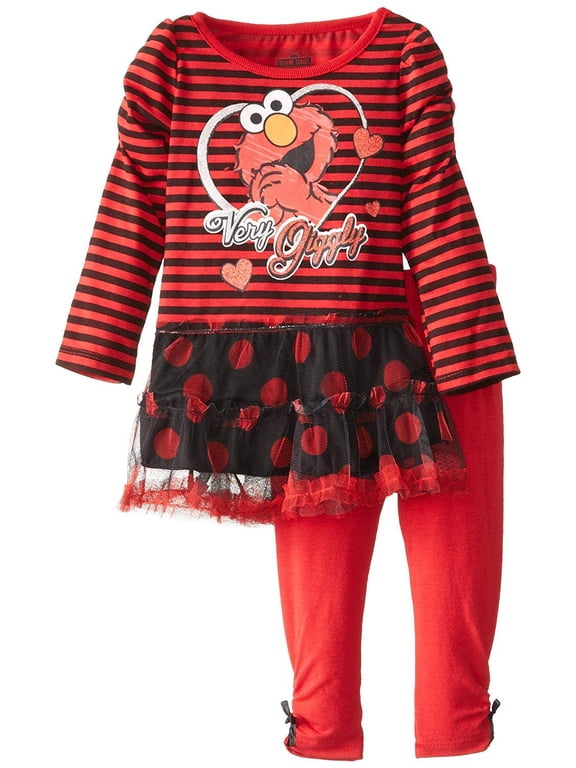 Sesame St Baby Girls' Elmo 2 Piece Stripe Long Sleeve Legging Set, Chinese Red, 12 Months