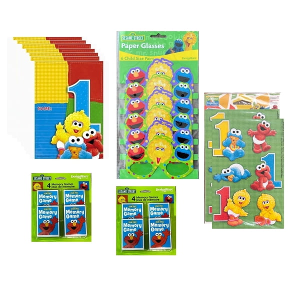 Sesame Street 1st Birthday Party Supplies Bundle Includes 8 Loot Bags, 6 Child Size Paper Glasses, 8 Mini Memory Games, 2 Sticker Sheets