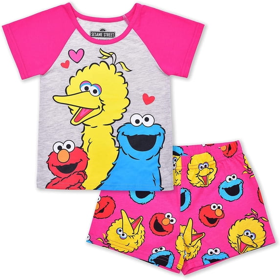 Sesame Street 2 Pack Short Sleeves Tee and Shorts Set for Girls, Kids Outfit Bundle