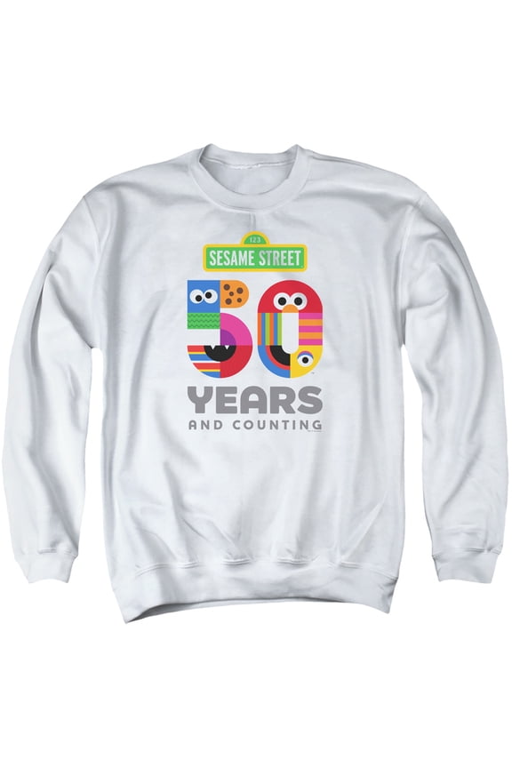 Sesame Street 50 Years Logo Adult Crewneck Sweatshirt White