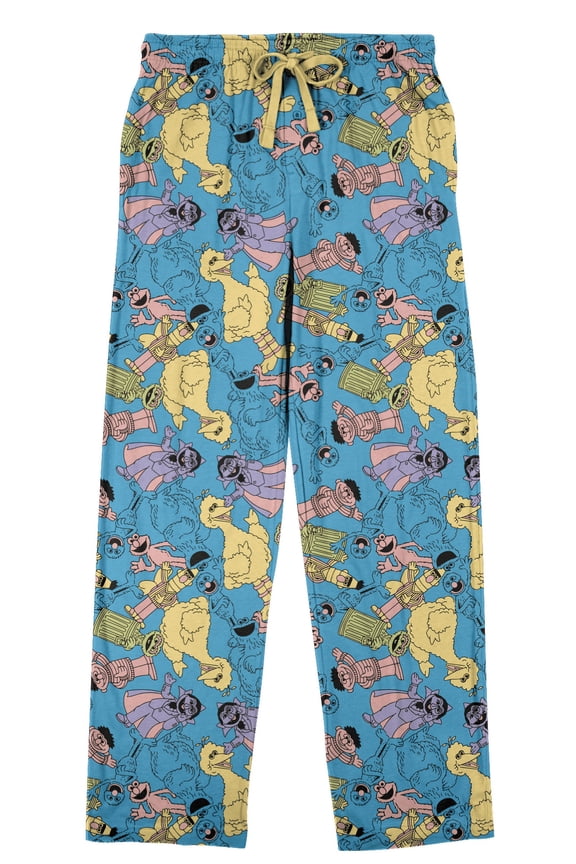 Sesame Street AOP Pastel Character Art Men's Blue Sleep Pajama Pants-Large