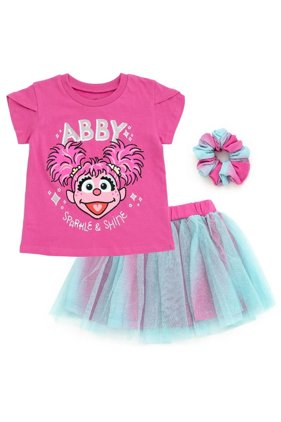Abby Cadabby Toddler Girls T-Shirt Tulle Mesh Skirt and Scrunchie 3 Piece Outfit Purple / Blue 2T