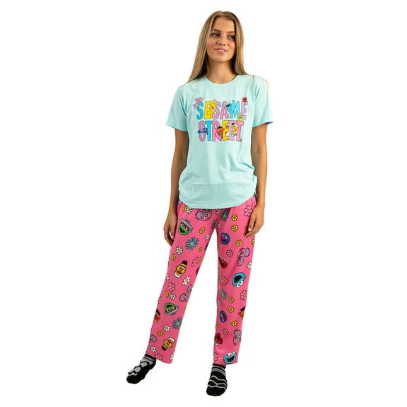 Sesame Street Adult Juniors Sleepwear Set with Short Sleeve Tee and Sleep Pants- XL