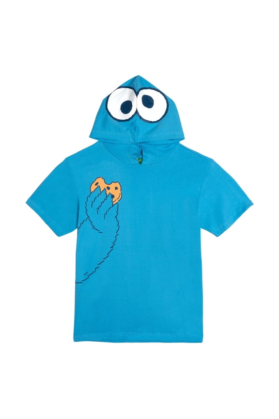 Adult Men or Women Short Sleeve Cosplay Hooded Graphic Tee Cookie Monster Blue