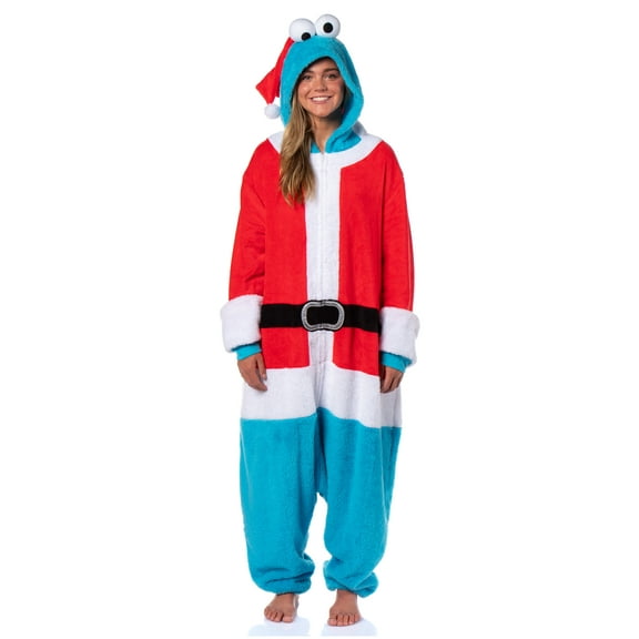 Sesame Street Adult Santa Cookie Monster Hooded Costume Fleece Pajama Kigurumi Union Suit