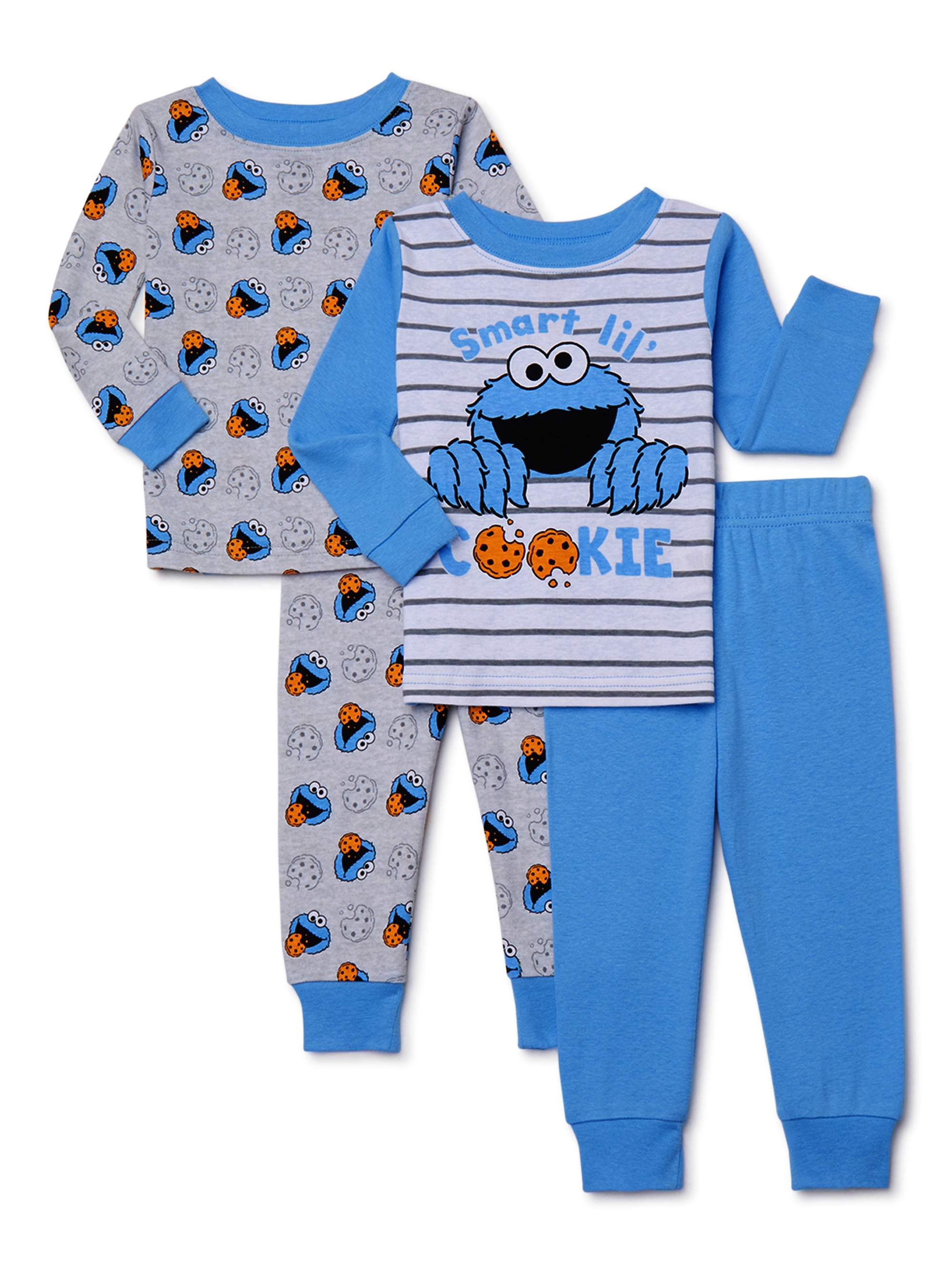 Sesame Street Baby Boy Long Sleeve Snug Fit Cotton Pajamas, 4pc Set