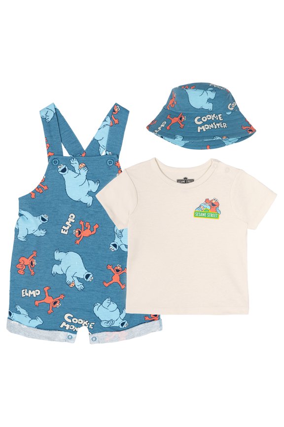 Baby & Toddler Boys 3-Piece Elmo & Cookie Monster Shortall Set (Tee, Shortall & Reversible Bucket Hat)
