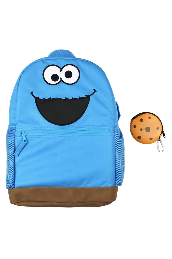 Sesame Street Backpack Cookie Monster Character 16" Book Bag with Keychain Cookie Tech Coin Pouch