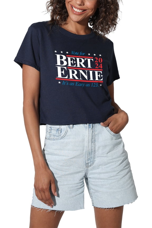 Bert Ernie for President 123 Vote Women's Crop Top T-Shirt, Navy, Large