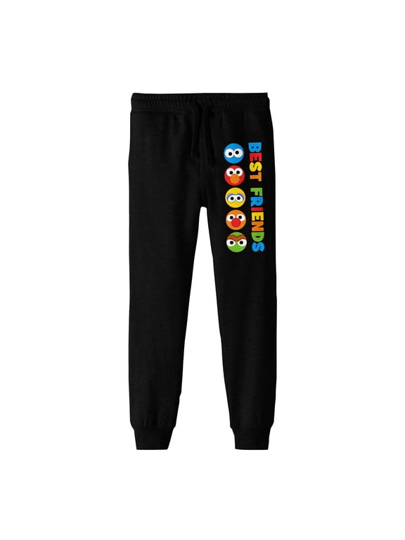 Sesame Street Best Friends Chibi Character Heads Boy's Black Jogger Pants-Small