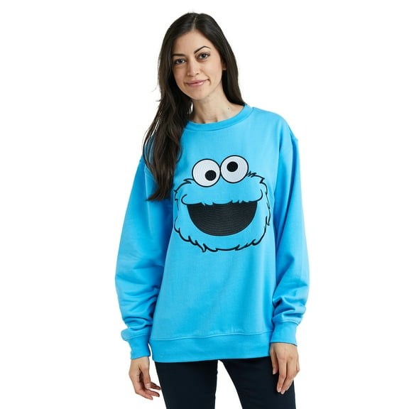 Sesame Street Big Face Cookie Monster Blue Crew Neck Long Sleeve Oversized Fleece Sweatshirt-XXL