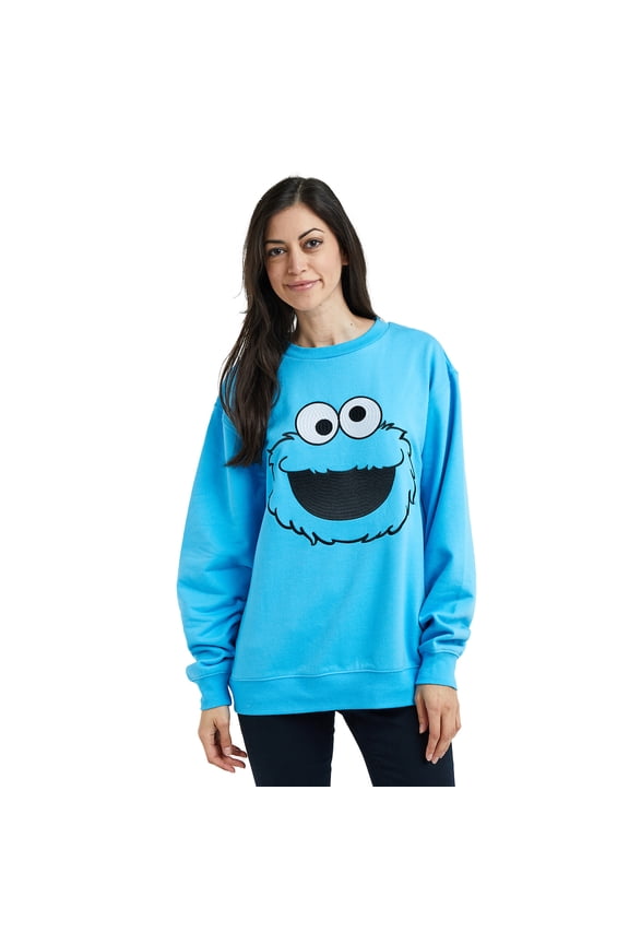 Sesame Street Big Face Cookie Monster Blue Crew Neck Long Sleeve Oversized Fleece Sweatshirt-XXL
