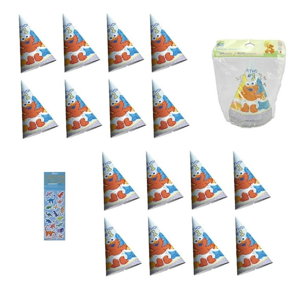 Sesame Street Birthday Baby Shower Party Supplies Bundle Includes 16 Party Hat, 1 Dinosaur Sticker Sheet.