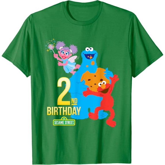 Sesame Street Black Classic Fit 2nd Birthday T-Shirt, Irish Green Color, Size XL