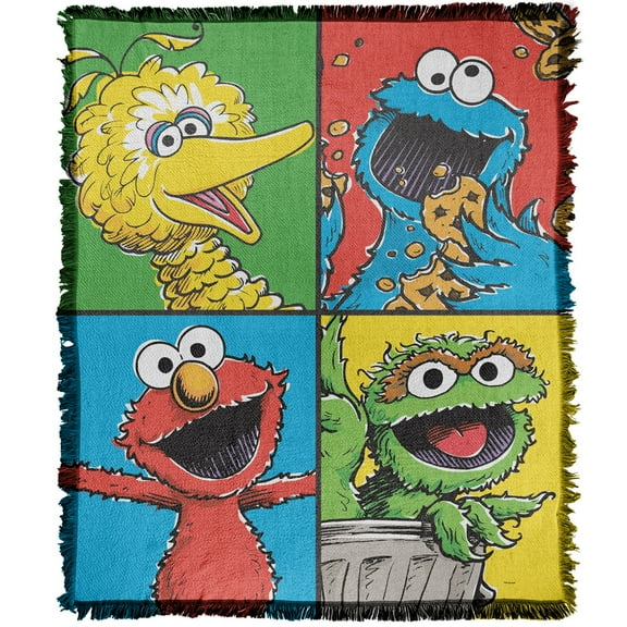 Sesame Street Blanket, 50"x60" Character Tiles Woven Tapestry Cotton Blend Fringed Throw Blanket