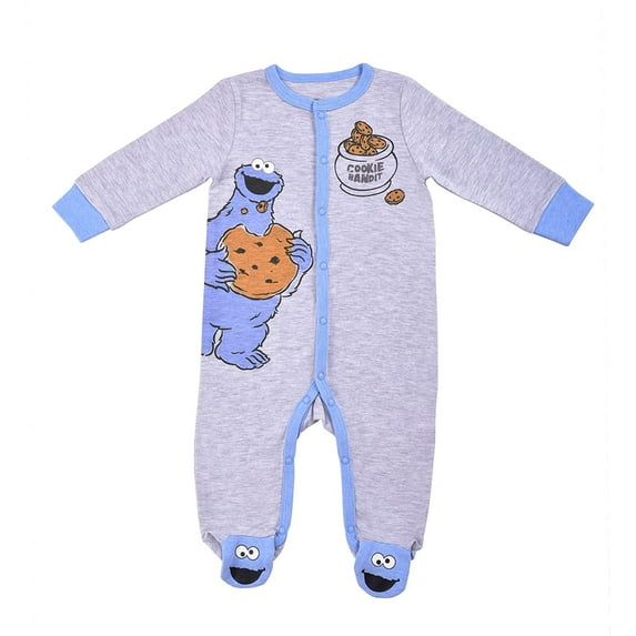Sesame Street Boy's Cookie Monster Footed Coverall Bodysuit Onesie with Hat Set, Grey/Blue