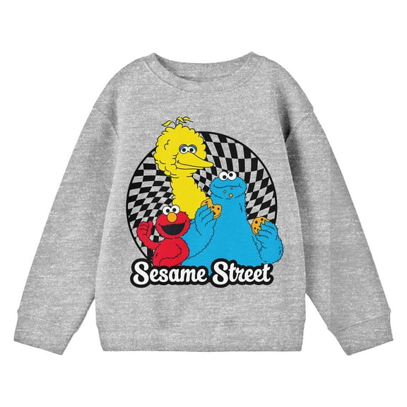 Sesame Street Characters Checkered Circle Crew Neck Long Sleeve Athletic Heather Youth Sweatshirt-Medium