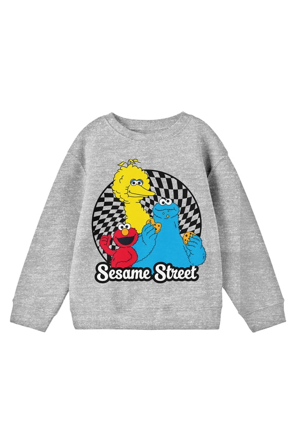 Sesame Street Characters Checkered Circle Crew Neck Long Sleeve Athletic Heather Youth Sweatshirt-Small