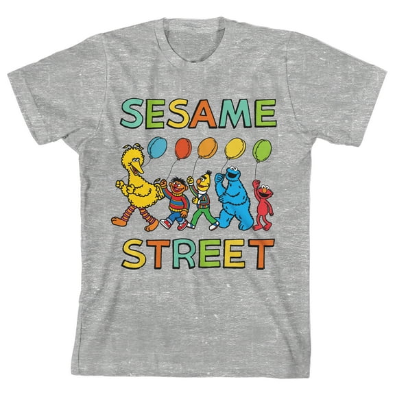 Sesame Street Characters With Balloons Crew Neck Short Sleeve Athletic Heather Boy's T-shirt-XL