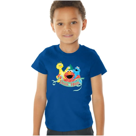 Sesame Street Christmas Deck The Halls Elmo, Cookie Monster Kids T Shirt (3) for Toddler Boys and Girls, Royal