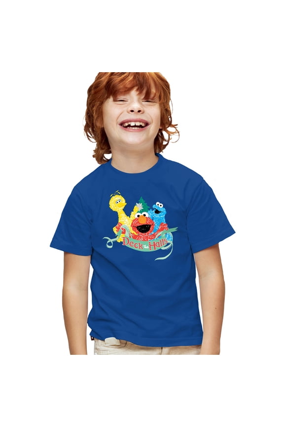 Christmas Deck The Halls Elmo, Cookie Monster Kids T Shirt for Youth Boys and Girls, Royal, Medium