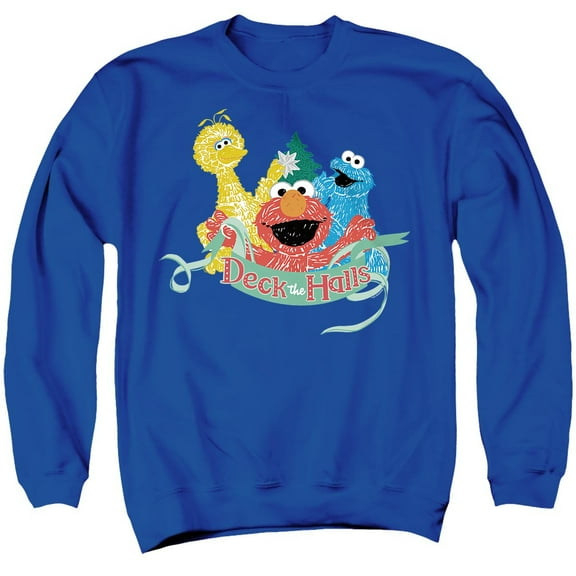 Sesame Street Christmas Deck The Halls Elmo, Cookie Monster Unisex Adult Crewneck Sweatshirt, Royal, Large