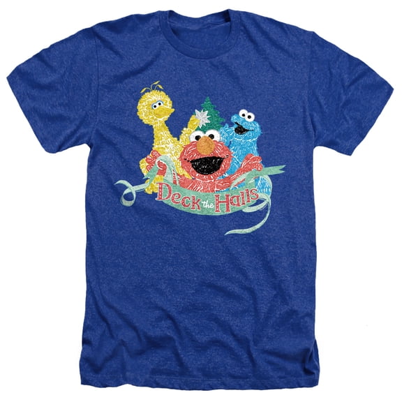 Sesame Street Christmas Deck The Halls Elmo, Cookie Monster Unisex Adult Heather T Shirt, Royal Heather, 2X-Large