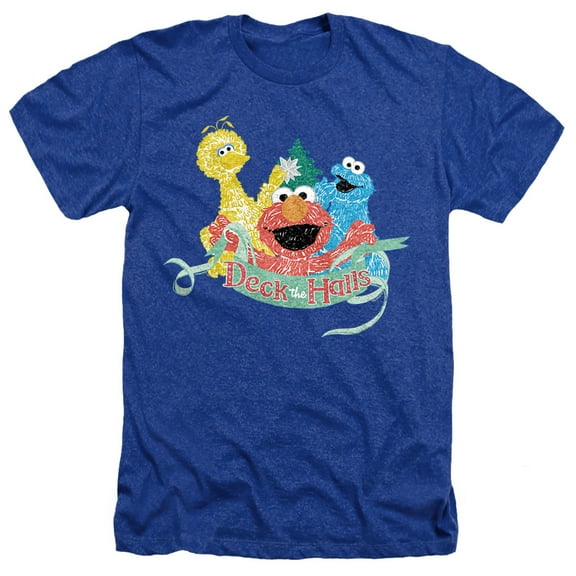 Sesame Street Christmas Deck The Halls Elmo, Cookie Monster Unisex Adult Heather T Shirt, Royal Heather, Small