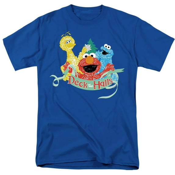 Sesame Street Christmas Deck The Halls Elmo, Cookie Monster Unisex Adult T Shirt, Royal, Large