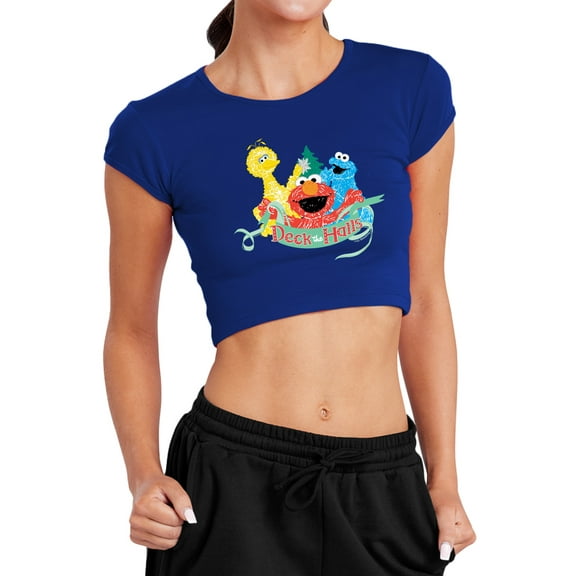 Sesame Street Christmas Deck The Halls Elmo, Cookie Monster Women's Cap Sleeve Baby Rib Crop Top, Royal, Medium