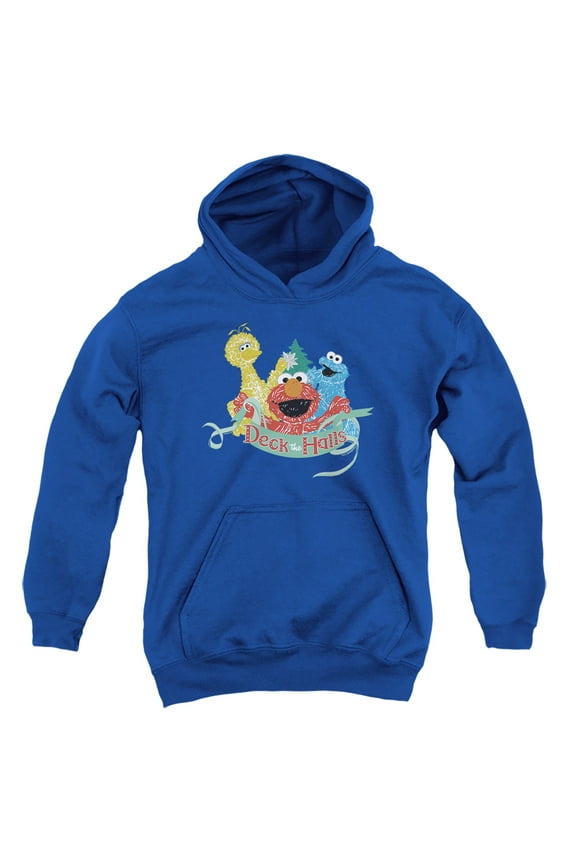 Christmas Deck The Halls Elmo, Cookie Monster Youth Kids Boy/Girls Pull-Over Hoodie, Royal, Large