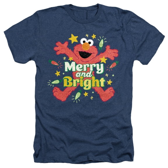 Sesame Street Christmas Merry And Bright Elmo Unisex Adult Heather T Shirt, Navy Heather, X-Large