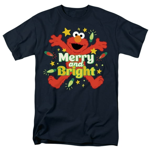 Sesame Street Christmas Merry And Bright Elmo Unisex Adult T Shirt, Navy, X-Large