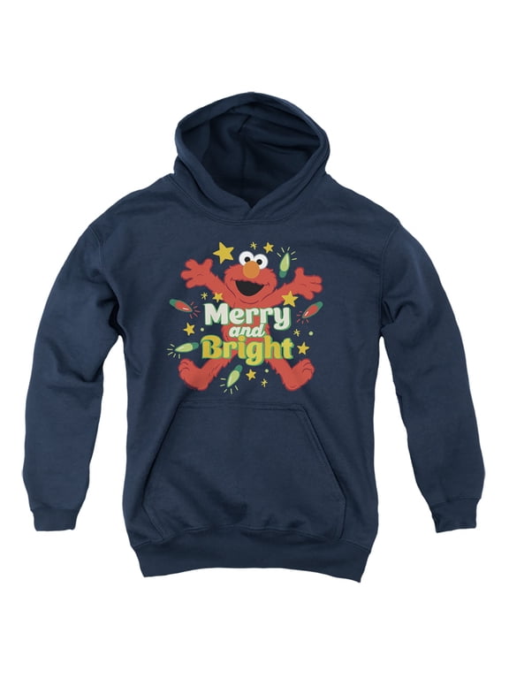 Christmas Merry And Bright Elmo Youth Kids Boy/Girls Pull-Over Hoodie, Navy, Medium