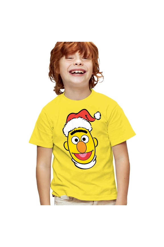 Christmas Santa Hat Bert Face Kids T Shirt for Youth Boys and Girls, Yellow, Small