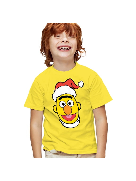Christmas Santa Hat Bert Face Kids T Shirt for Youth Boys and Girls, Yellow, Small