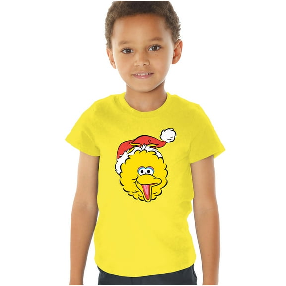 Sesame Street Christmas Santa Hat Big Bird Face Kids T Shirt (3) for Toddler Boys and Girls, Yellow