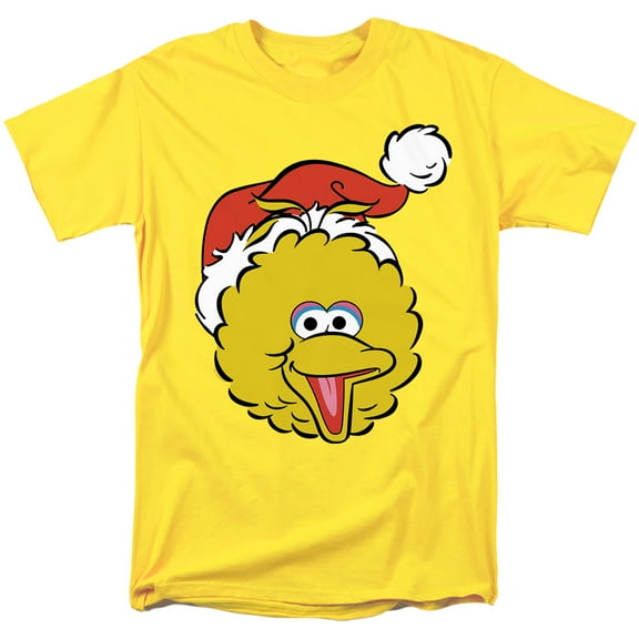 Sesame Street Christmas Santa Hat Big Bird Face Unisex Adult T Shirt, Yellow, Small